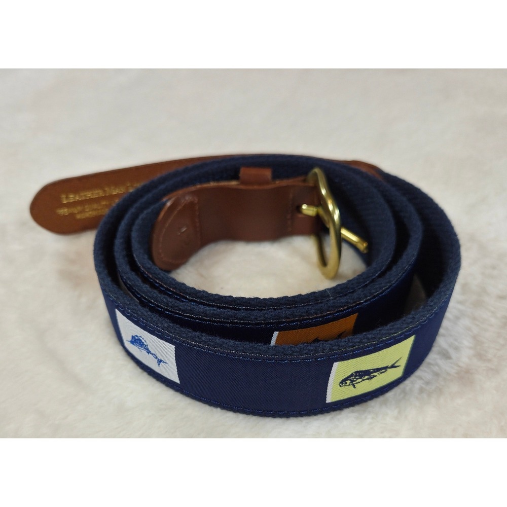 Leather Man Limited Mens Preppy Sportfish Ribbon Belt Size 42 Navy Blue Brass